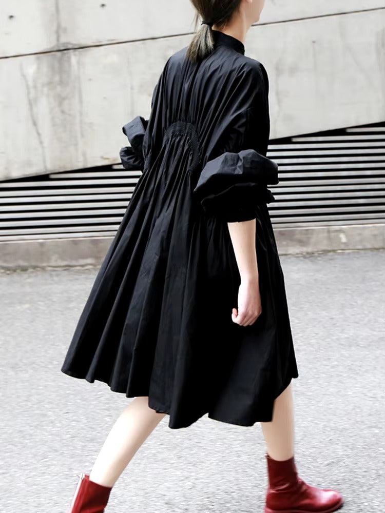 Casual Shirring Pleated Stand Neck Long Sleeve Irregular Loose Shirt Dress