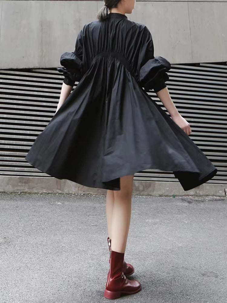 Casual Shirring Pleated Stand Neck Long Sleeve Irregular Loose Shirt Dress