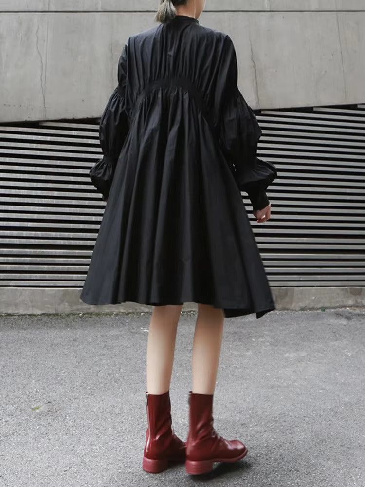 Casual Shirring Pleated Stand Neck Long Sleeve Irregular Loose Shirt Dress