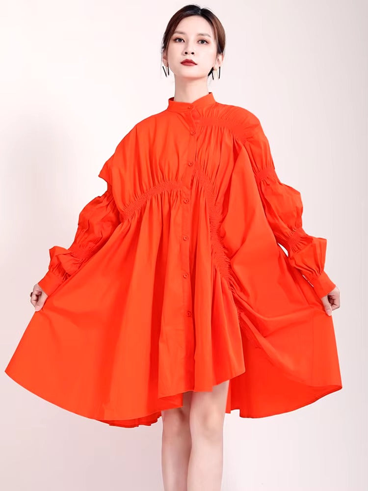 Casual Shirring Pleated Stand Neck Long Sleeve Irregular Loose Shirt Dress