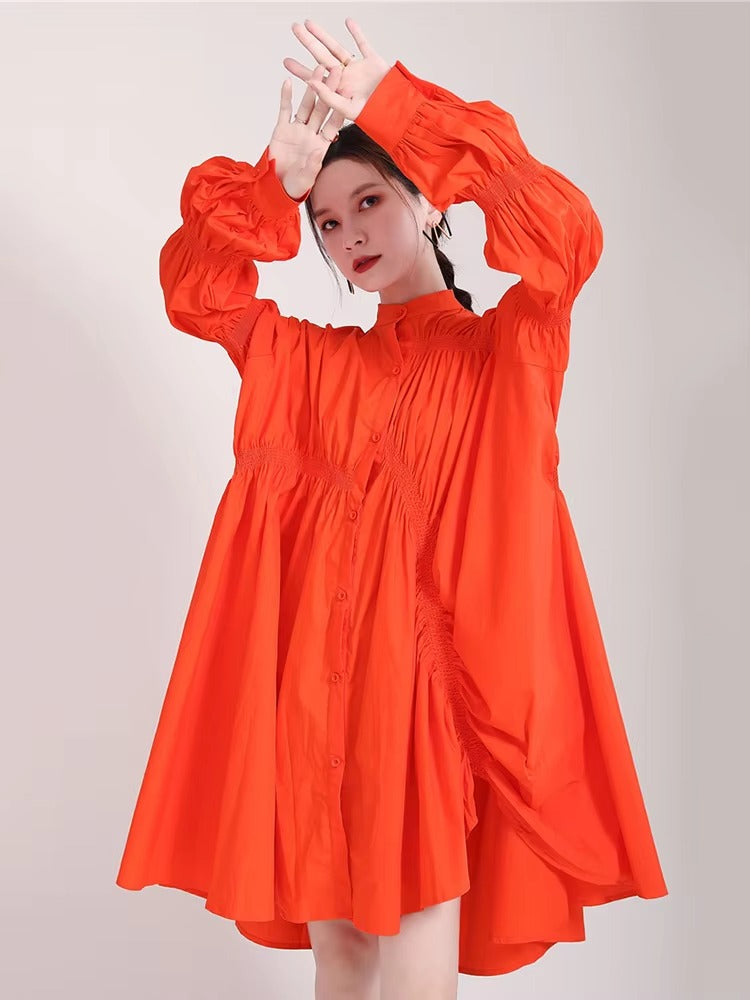 Casual Shirring Pleated Stand Neck Long Sleeve Irregular Loose Shirt Dress