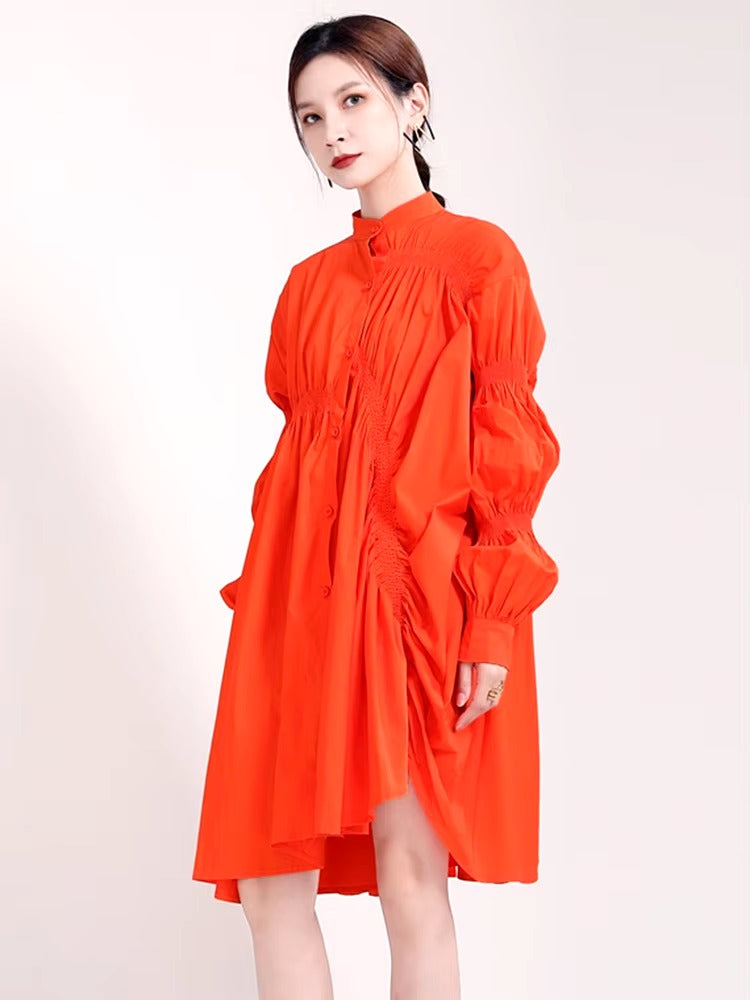 Casual Shirring Pleated Stand Neck Long Sleeve Irregular Loose Shirt Dress
