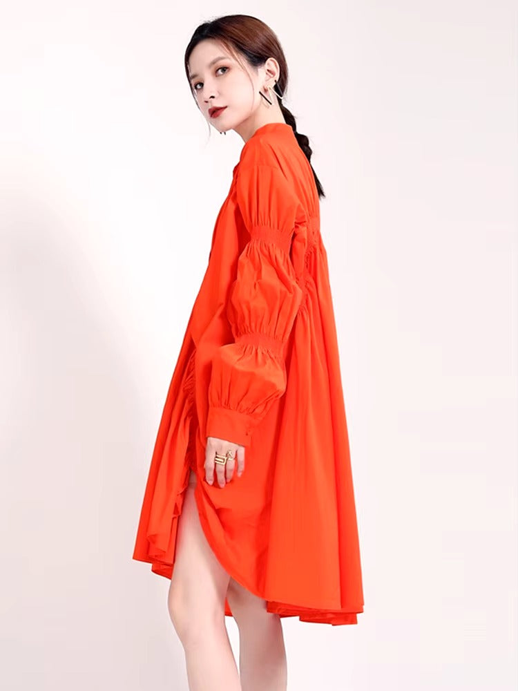 Casual Shirring Pleated Stand Neck Long Sleeve Irregular Loose Shirt Dress
