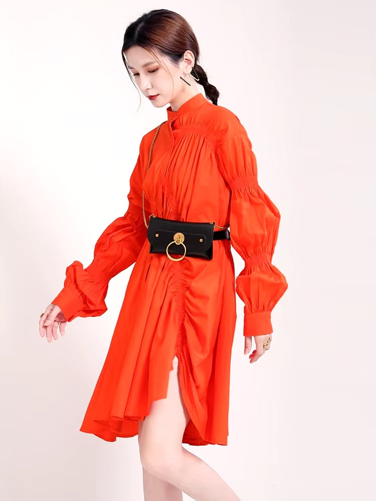 Casual Shirring Pleated Stand Neck Long Sleeve Irregular Loose Shirt Dress