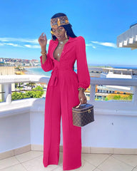 Casual Shirt Collar Polyester Two-Piece Suit Jumpsuits