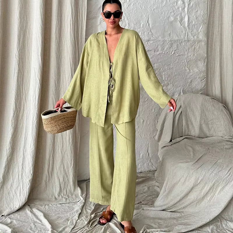 Casual Shirts Solid Pants Full Sleeve V-neck Shirt High Waist Two Piece Set