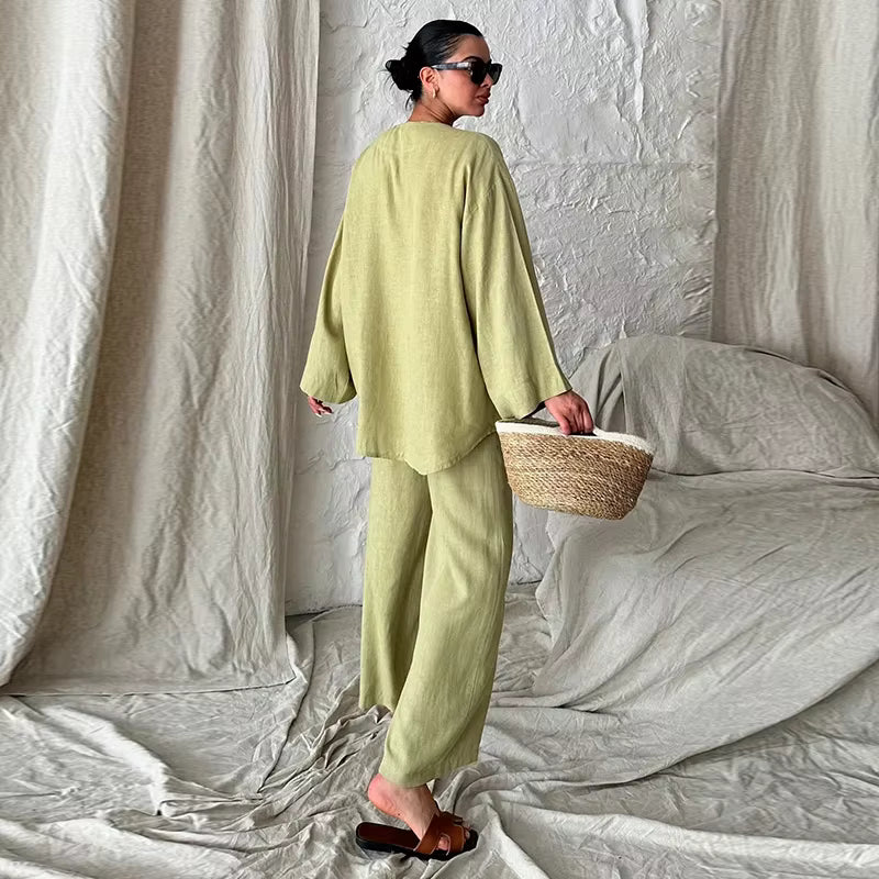 Casual Shirts Solid Pants Full Sleeve V-neck Shirt High Waist Two Piece Set