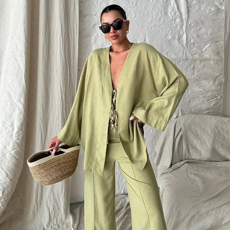 Casual Shirts Solid Pants Full Sleeve V-neck Shirt High Waist Two Piece Set