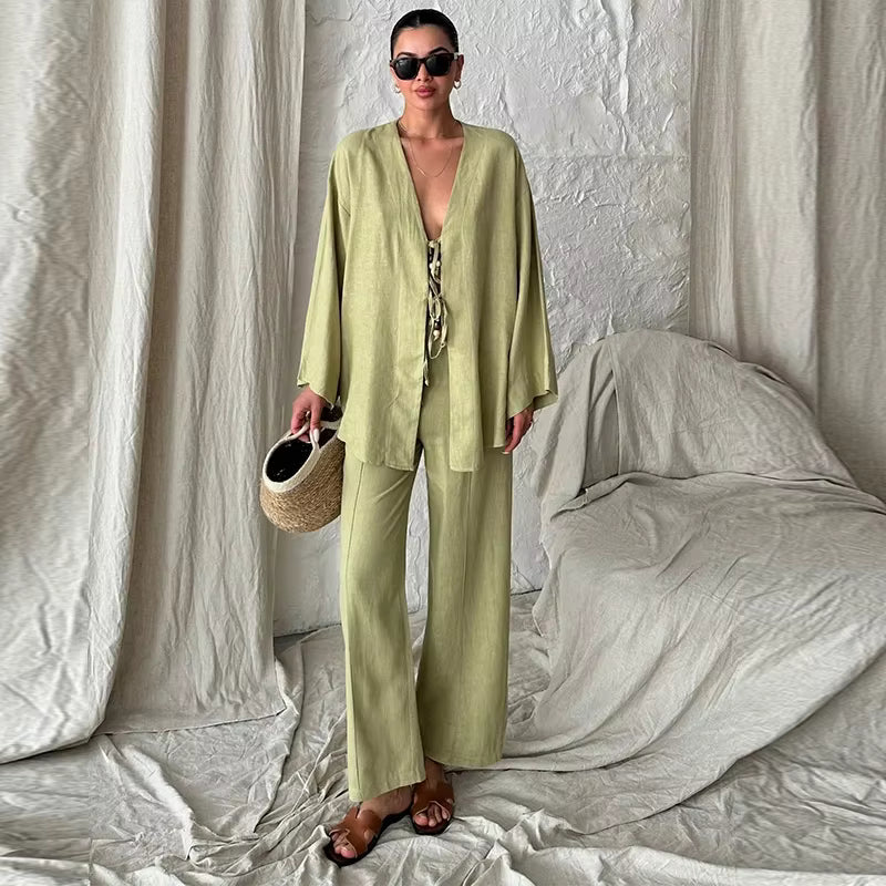 Casual Shirts Solid Pants Full Sleeve V-neck Shirt High Waist Two Piece Set