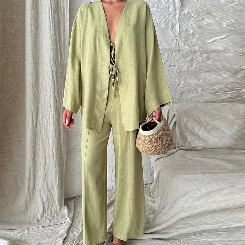 Casual Shirts Solid Pants Full Sleeve V-neck Shirt High Waist Two Piece Set