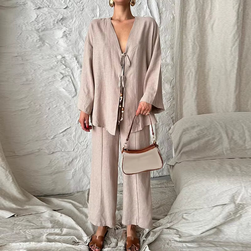 Casual Shirts Solid Pants Full Sleeve V-neck Shirt High Waist Two Piece Set