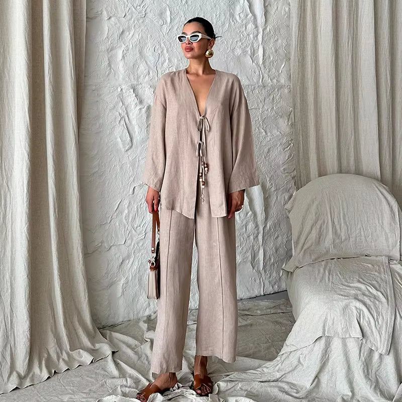 Casual Shirts Solid Pants Full Sleeve V-neck Shirt High Waist Two Piece Set