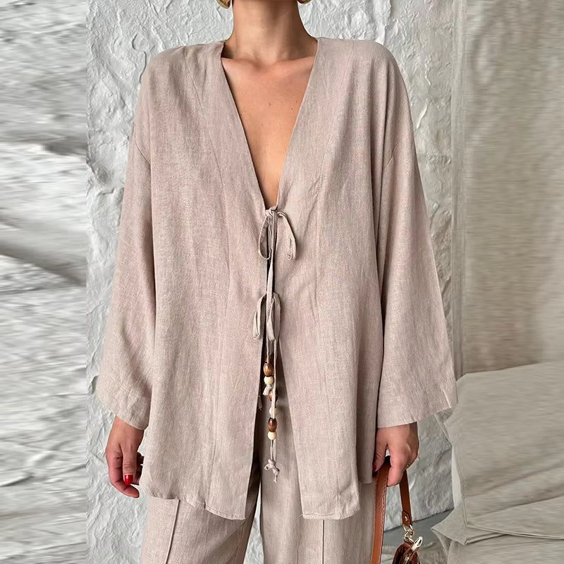 Casual Shirts Solid Pants Full Sleeve V-neck Shirt High Waist Two Piece Set