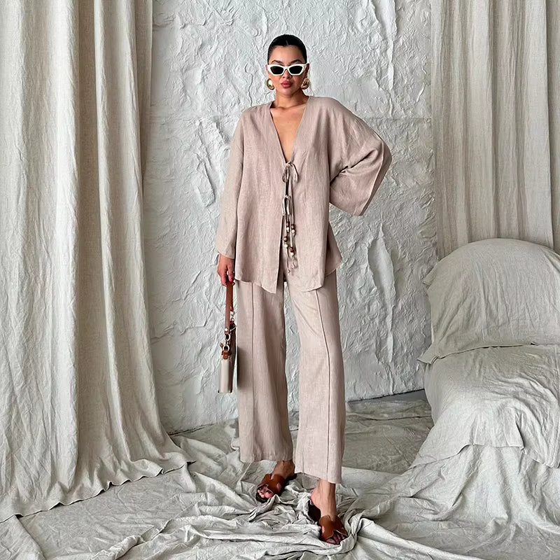 Casual Shirts Solid Pants Full Sleeve V-neck Shirt High Waist Two Piece Set