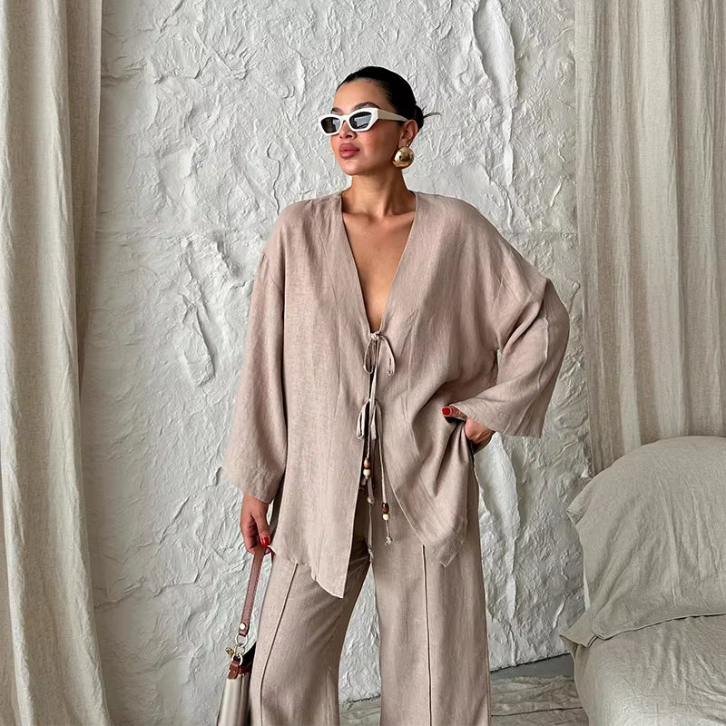 Casual Shirts Solid Pants Full Sleeve V-neck Shirt High Waist Two Piece Set