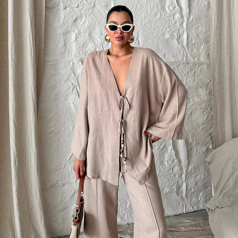 Casual Shirts Solid Pants Full Sleeve V-neck Shirt High Waist Two Piece Set