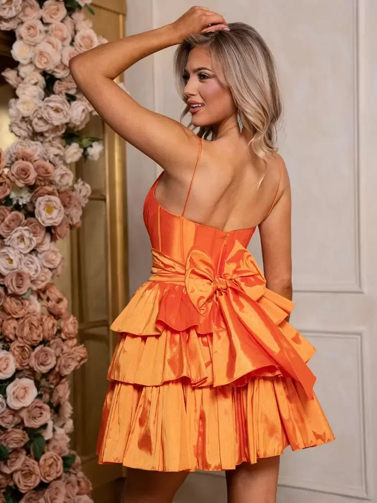 Casual Short Jewel Neck Bows Taffeta Homecoming Sleeveless Dress