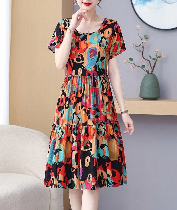 Casual Short Sleeve A Line Cotton Beach Flower Floral Boho Dresses