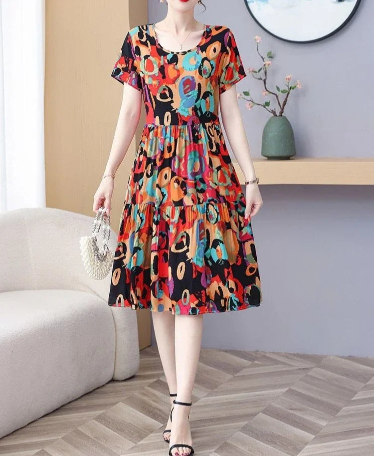 Casual Short Sleeve A Line Cotton Beach Flower Floral Boho Dresses