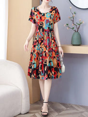 Casual Short Sleeve A Line Cotton Beach Flower Floral Boho Dresses