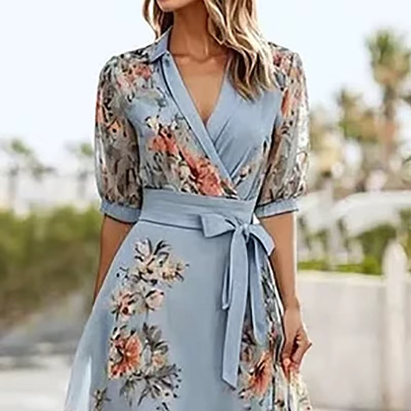 Casual Short Sleeve Bohemian Floral Print V Neck Tie-up Long Maxi Dress