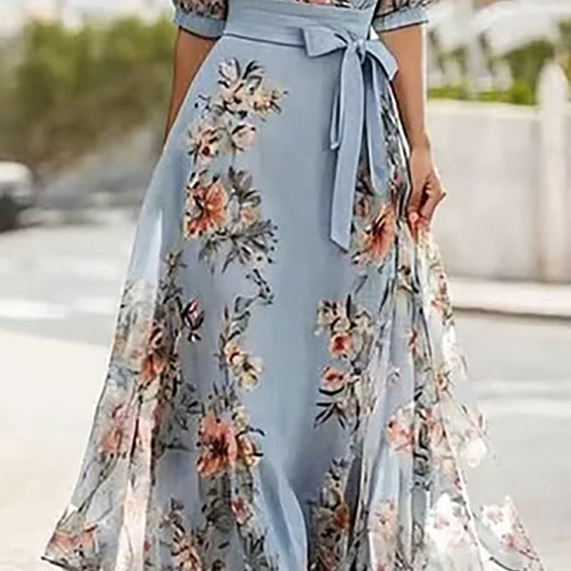 Casual Short Sleeve Bohemian Floral Print V Neck Tie-up Long Maxi Dress