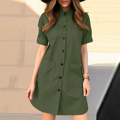 Casual Short Sleeve Button Up Work Turn-Down Collar Cargo Mini Dress