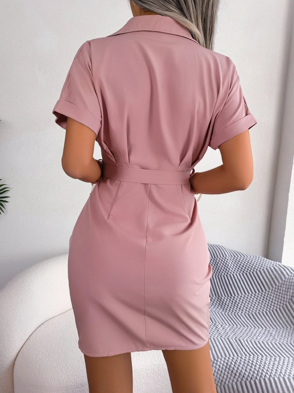 Casual Short Sleeve Buttons Slight stretch Pleated Pencil Dress