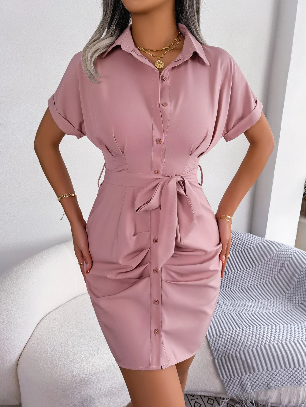 Casual Short Sleeve Buttons Slight stretch Pleated Pencil Dress