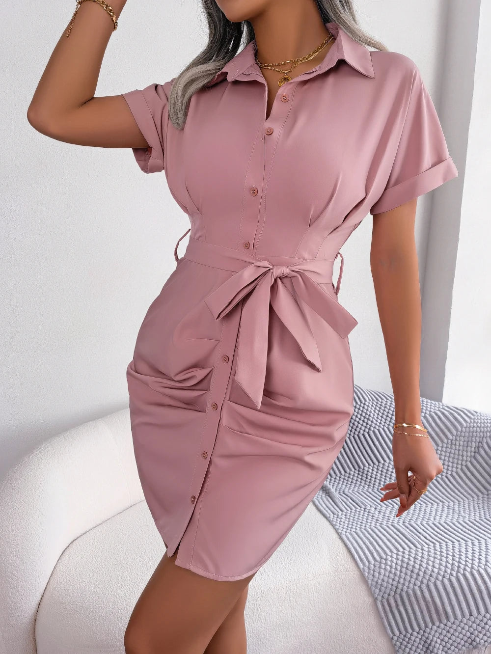 Casual Short Sleeve Buttons Slight stretch Pleated Pencil Dress