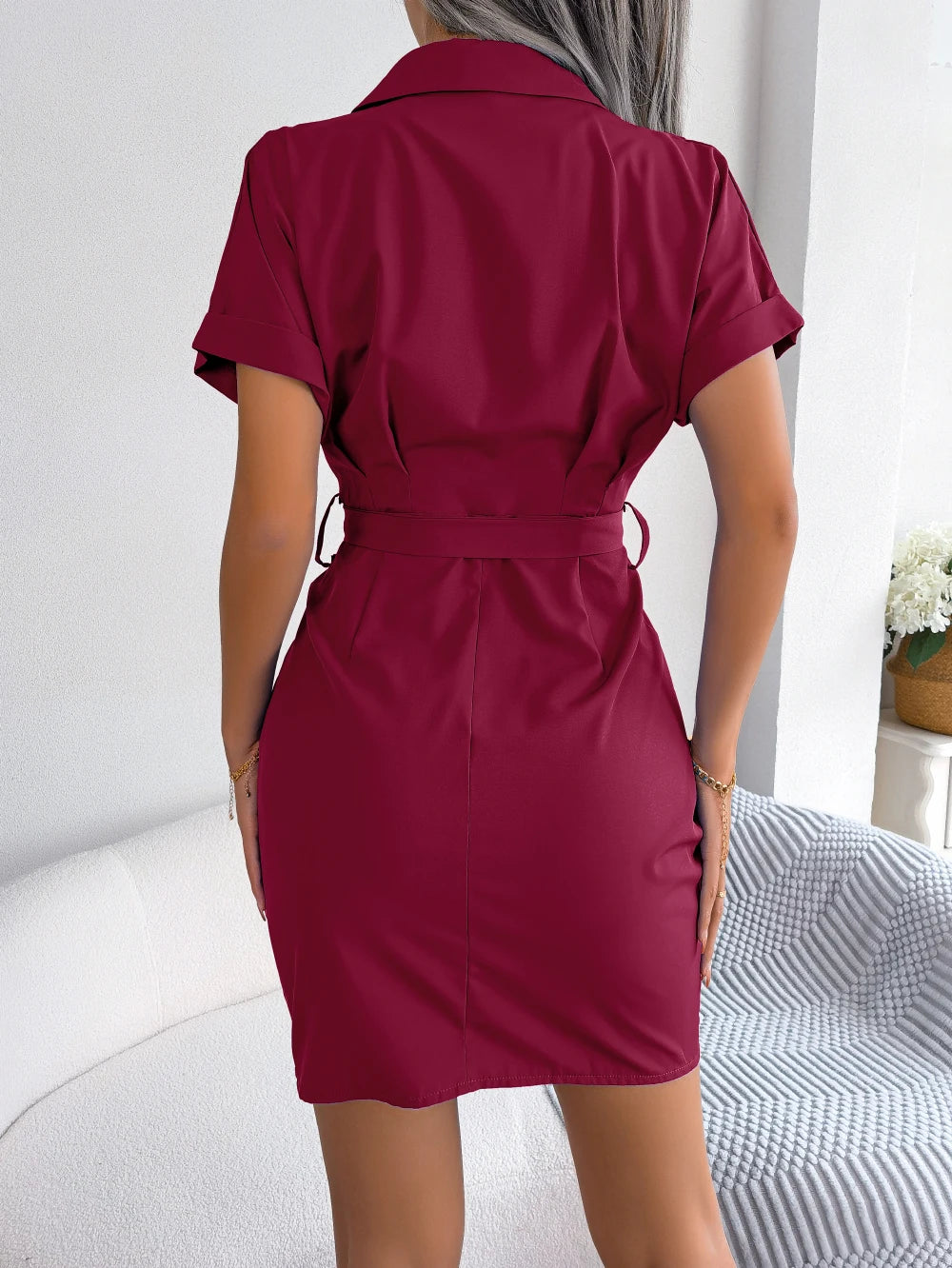 Casual Short Sleeve Buttons Slight stretch Pleated Pencil Dress