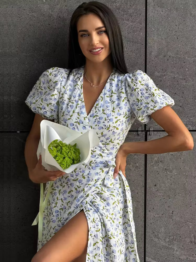 Casual Short-Sleeve Cotton A-line Side Slits Flowers Midi Dresses