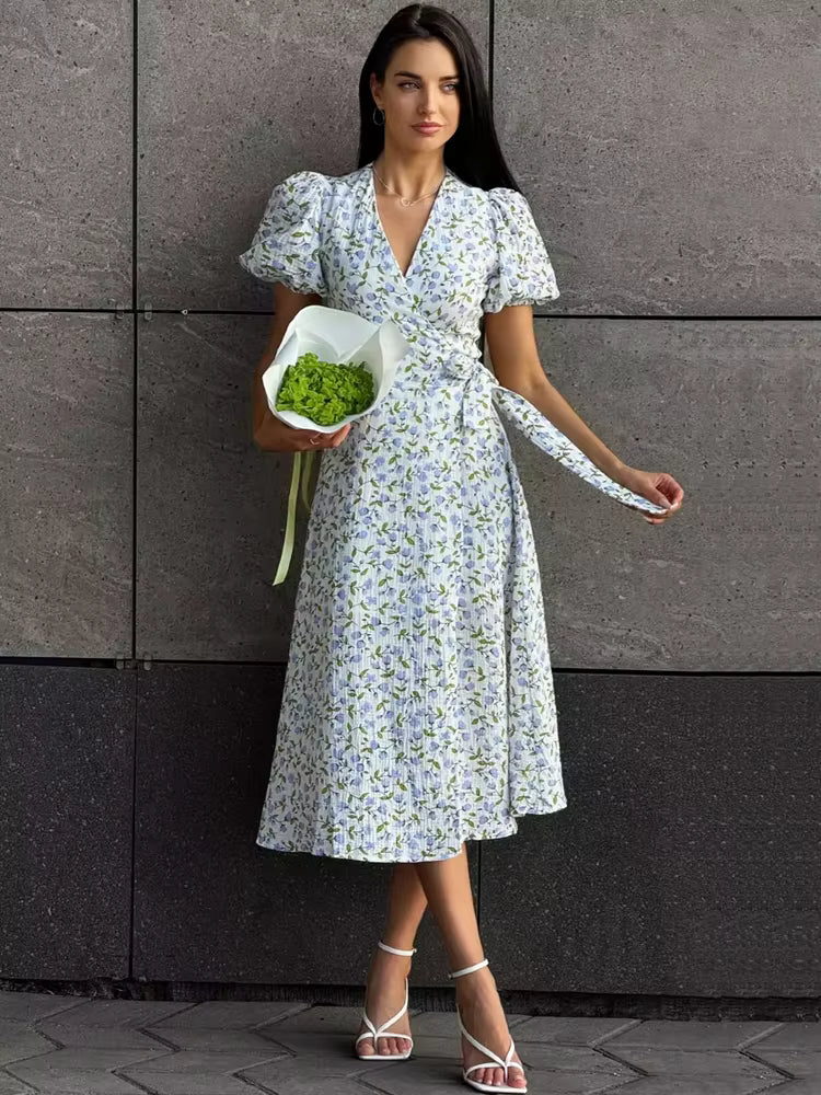 Casual Short-Sleeve Cotton A-line Side Slits Flowers Midi Dresses