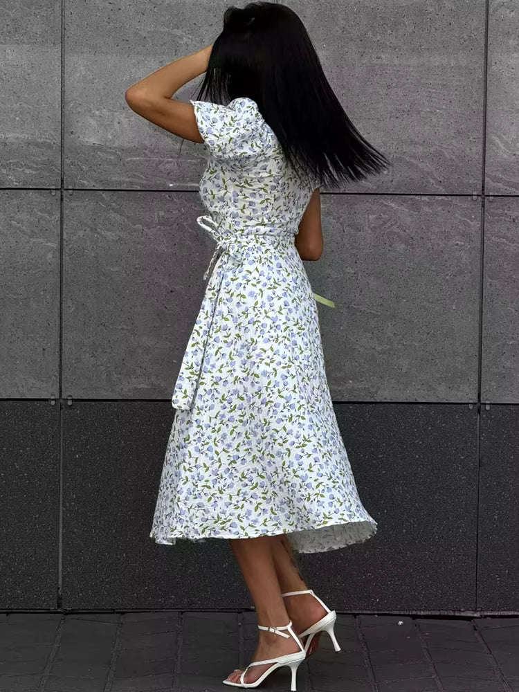Casual Short-Sleeve Cotton A-line Side Slits Flowers Midi Dresses