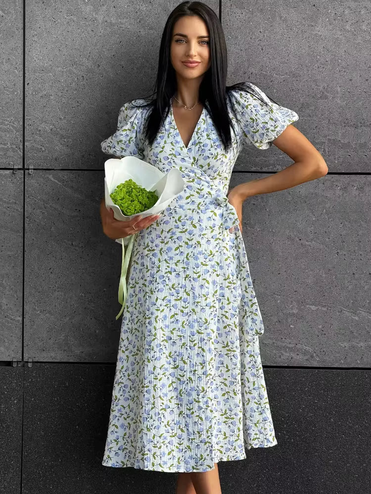 Casual Short-Sleeve Cotton A-line Side Slits Flowers Midi Dresses