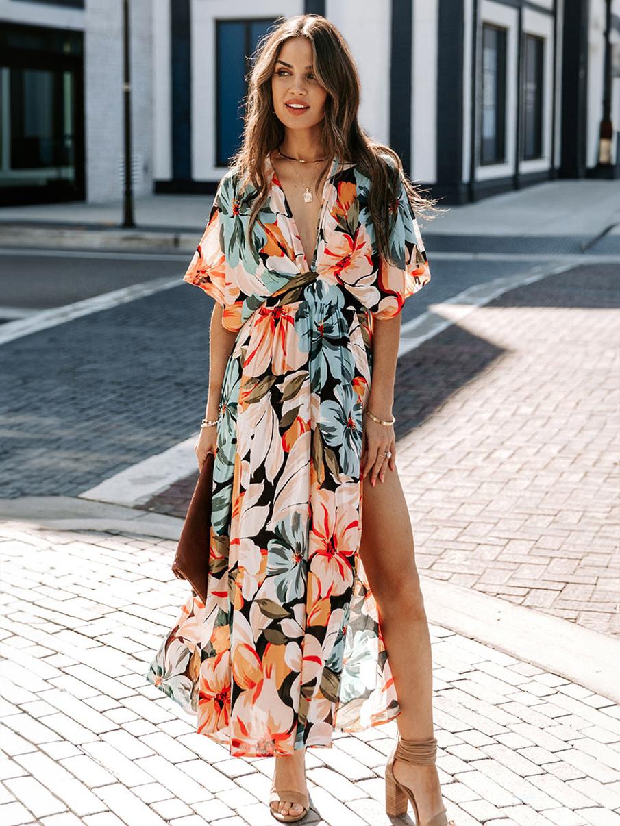 Casual Short Sleeve High Rise V-Neck Floral Print Long Beach Dress