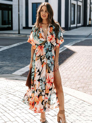 Casual Short Sleeve High Rise V-Neck Floral Print Long Beach Dress