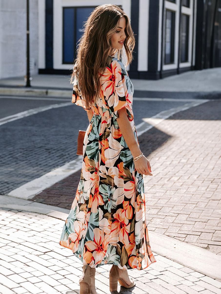 Casual Short Sleeve High Rise V-Neck Floral Print Long Beach Dress