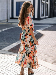 Casual Short Sleeve High Rise V-Neck Floral Print Long Beach Dress