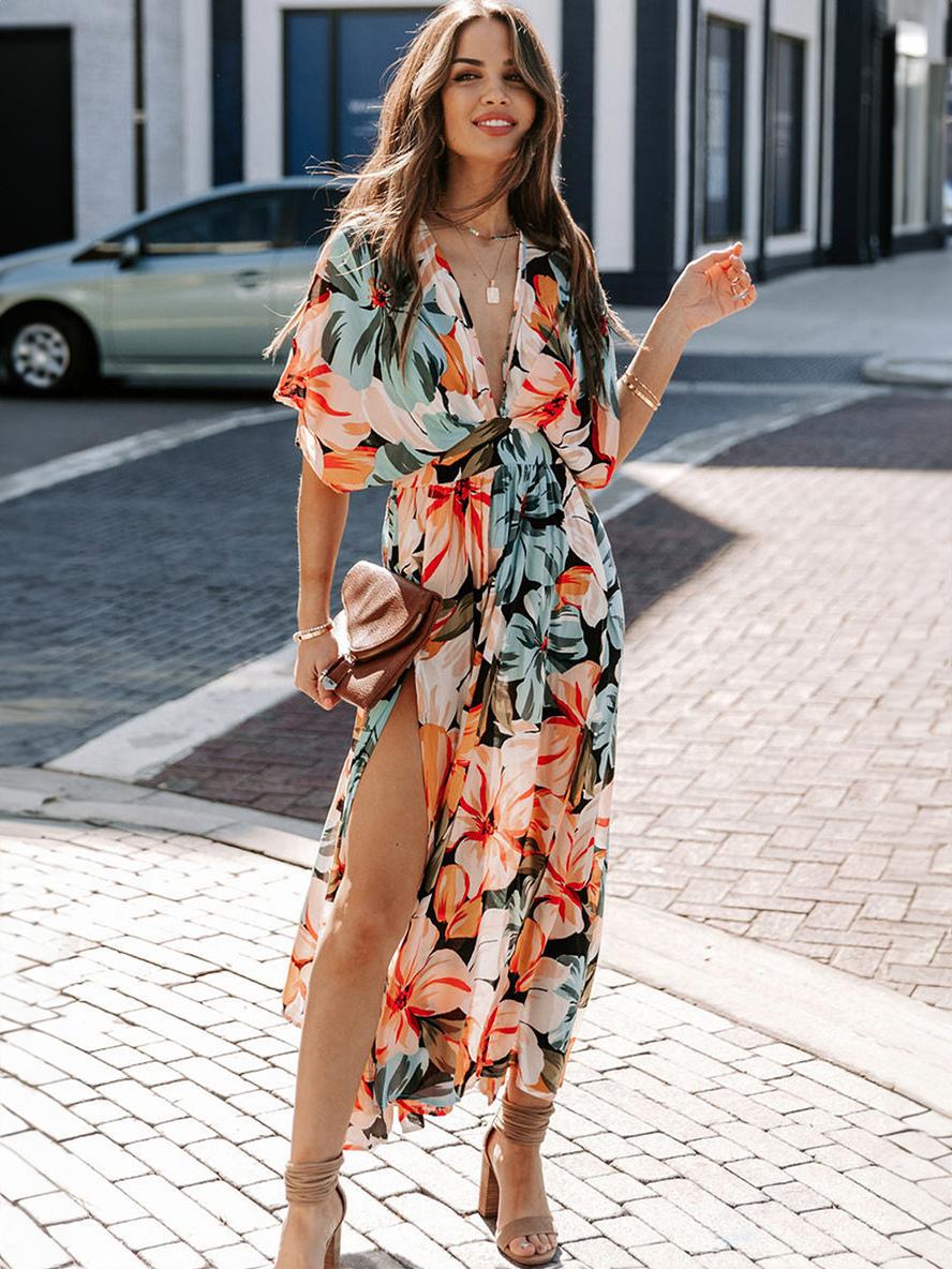 Casual Short Sleeve High Rise V-Neck Floral Print Long Beach Dress