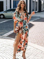 Casual Short Sleeve High Rise V-Neck Floral Print Long Beach Dress