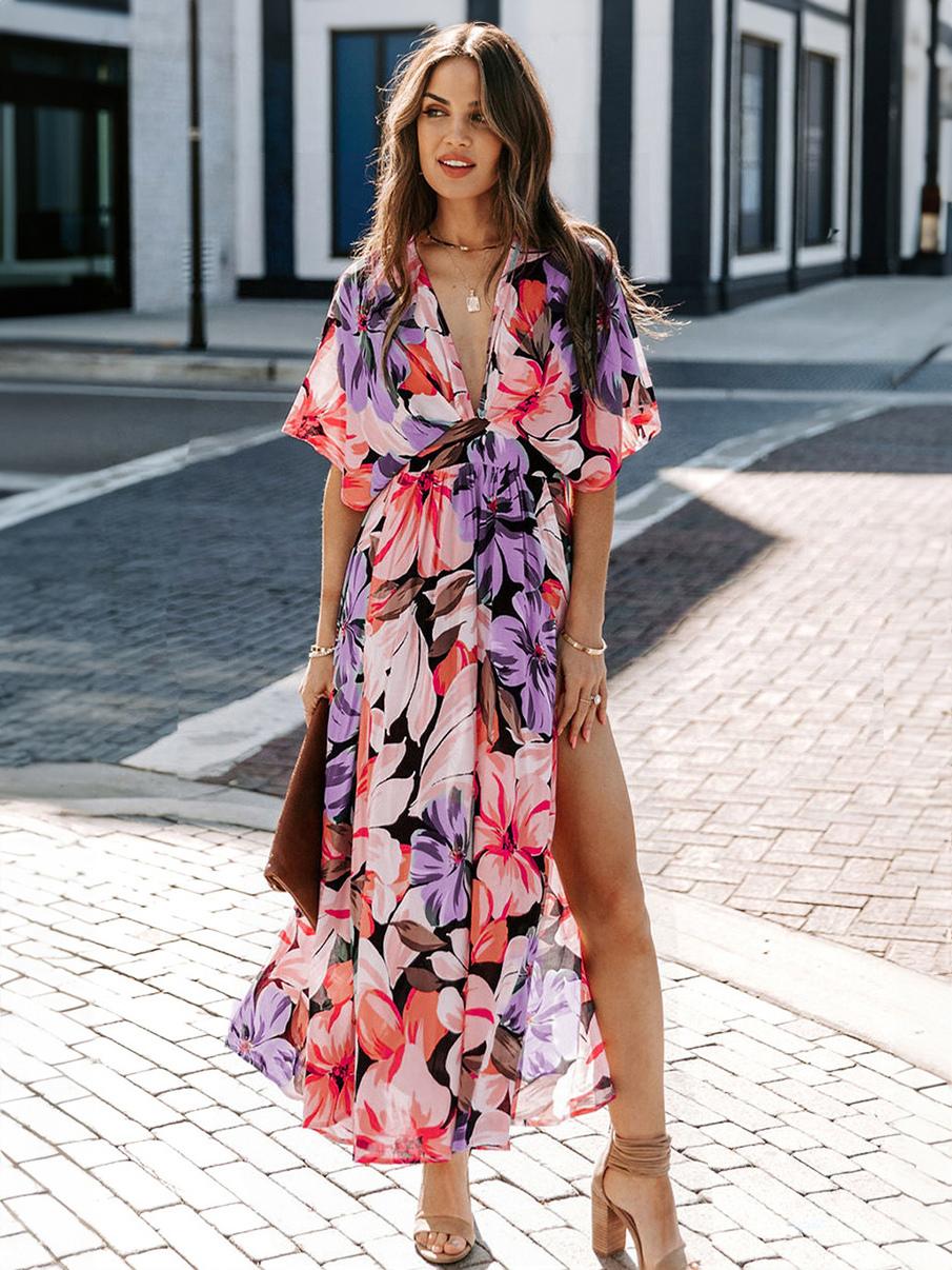 Casual Short Sleeve High Rise V-Neck Floral Print Long Beach Dress