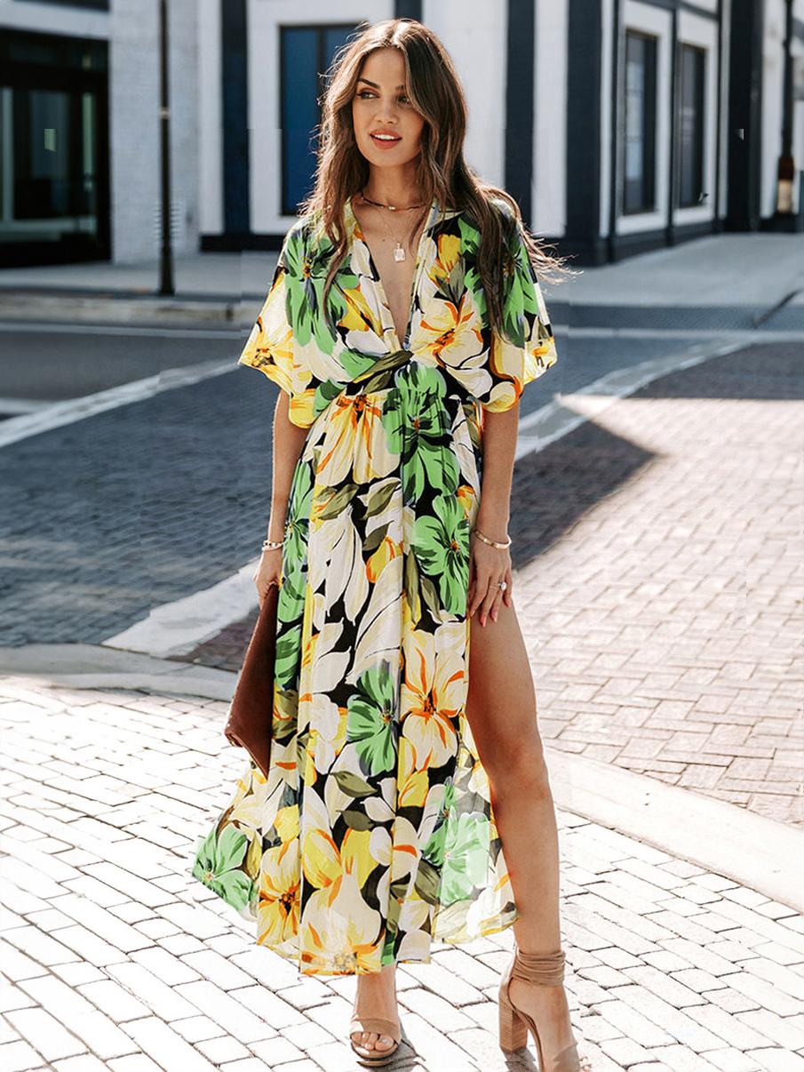 Casual Short Sleeve High Rise V-Neck Floral Print Long Beach Dress