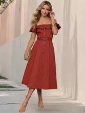 Casual Short Sleeve Open Shoulder Ruffles Off-Shoulder Belted Midi Dress
