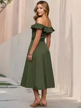 Casual Short Sleeve Open Shoulder Ruffles Off-Shoulder Belted Midi Dress