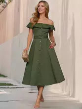 Casual Short Sleeve Open Shoulder Ruffles Off-Shoulder Belted Midi Dress