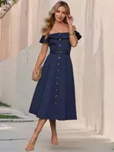 Casual Short Sleeve Open Shoulder Ruffles Off-Shoulder Belted Midi Dress