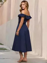 Casual Short Sleeve Open Shoulder Ruffles Off-Shoulder Belted Midi Dress