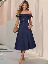 Casual Short Sleeve Open Shoulder Ruffles Off-Shoulder Belted Midi Dress