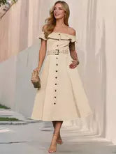 Casual Short Sleeve Open Shoulder Ruffles Off-Shoulder Belted Midi Dress